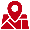 Red map marker icon on a folded map illustration.