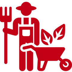 Red icon of a farmer with a pitchfork and wheelbarrow with leaves.